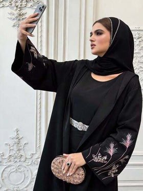 Al Najma رمضان عباءة نسائية فضفاضة مطرزة بالزهور مع كابوشون