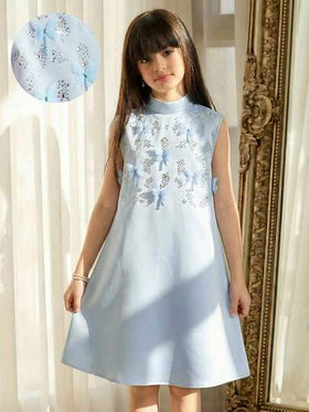 SHEIN فستان أنيق بدون أكمام للفتيات المراهقات، بتصميم خط A مزين بفراشة 3D مرصعة بالراين ستون، فستان أميرة صغيرة، فستان موسم الزفاف، فستان فتاة الزهور، باللون الأزرق
