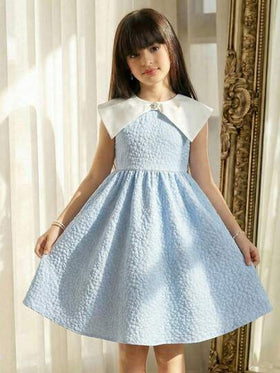SHEIN فستان أنيق كاجوال للفتيات المراهقات، طراز جاكارد بألوان متباينة، ياقة دمية كبيرة مزينة بالراين ستون، ربطة خصر، بدون أكمام، مناسب لحفلات الزفاف والعطلات والأعياد، باللون الأزرق، موسم الزفاف، حفلة عيد الميلاد، عيد الحب، مطابق لملابس الأخت