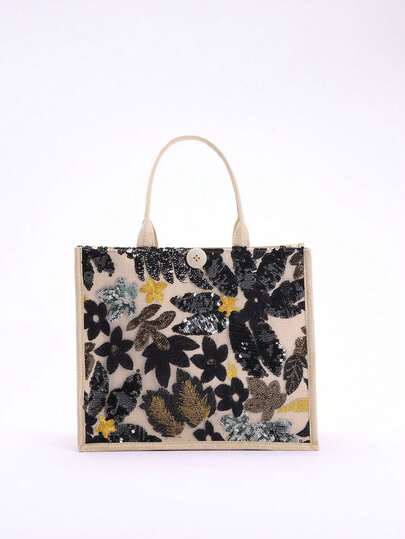 حقيبة كتف كبيرة السعة مربعة الشكل من الكتان المرقع بالترتر الملون والتطريز الأزهار والأوراق، تصميم أزهار وأوراق عشوائي، مناسبة للاستخدام اليومي والشاطئ والتسوق