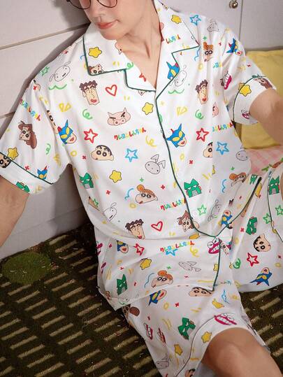 Gongdie CRAYON SHINCHAN مجموعة بيجامة رجالية لشخصية كرايون شين-تشان، قصيرة الأكمام، ناعمة وقابلة للتنفس، 2 قطعة