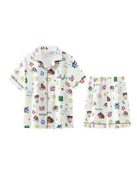 Gongdie CRAYON SHINCHAN مجموعة بيجامة رجالية لشخصية كرايون شين-تشان، قصيرة الأكمام، ناعمة وقابلة للتنفس، 2 قطعة