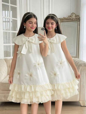 SHEIN رمضان فستان أنيق بياقة بيتر بان وزخرفة زهرية ثلاثية الأبعاد بدون أكمام وذيل مكسر للفتيات المراهقات