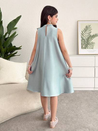 SHEIN فستان أميرة أنيق وفاخر للفتيات المراهقات، فستان أخضر بياقة حلقية وربطة عنق وتصميم لاصق