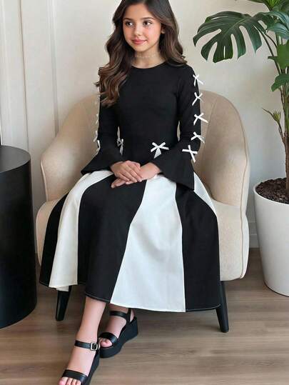 SHEIN فستان أنيق بياقة دائرية وأكمام طويلة بتصميم كتل لونية أبيض وأسود مزين بفيونكة، مناسب للارتداء اليومي وحفلات