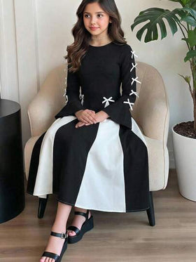 SHEIN فستان أنيق بياقة دائرية وأكمام طويلة بتصميم كتل لونية أبيض وأسود مزين بفيونكة، مناسب للارتداء اليومي وحفلات