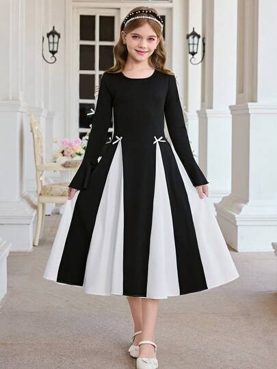 SHEIN فستان أنيق بياقة دائرية وأكمام طويلة بتصميم كتل لونية أبيض وأسود مزين بفيونكة، مناسب للارتداء اليومي وحفلات