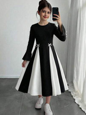 SHEIN فستان أنيق بياقة دائرية وأكمام طويلة بتصميم كتل لونية أبيض وأسود مزين بفيونكة، مناسب للارتداء اليومي وحفلات