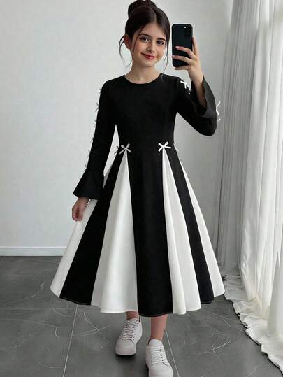 SHEIN فستان أنيق بياقة دائرية وأكمام طويلة بتصميم كتل لونية أبيض وأسود مزين بفيونكة، مناسب للارتداء اليومي وحفلات
