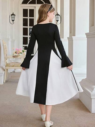 SHEIN فستان أنيق بياقة دائرية وأكمام طويلة بتصميم كتل لونية أبيض وأسود مزين بفيونكة، مناسب للارتداء اليومي وحفلات