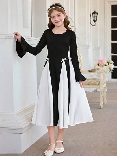 SHEIN فستان أنيق بياقة دائرية وأكمام طويلة بتصميم كتل لونية أبيض وأسود مزين بفيونكة، مناسب للارتداء اليومي وحفلات