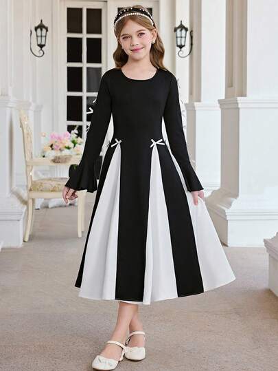 SHEIN فستان أنيق بياقة دائرية وأكمام طويلة بتصميم كتل لونية أبيض وأسود مزين بفيونكة، مناسب للارتداء اليومي وحفلات