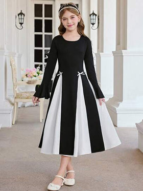 SHEIN فستان أنيق بياقة دائرية وأكمام طويلة بتصميم كتل لونية أبيض وأسود مزين بفيونكة، مناسب للارتداء اليومي وحفلات