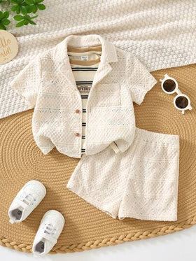 SHEIN مجموعة قميص بولو أكمام قصيرة وشورت خصر مطاطي للأطفال الرضع الجنسين، مناسبة لحفلات عيد الميلاد والحفلات المسائية والأعراس وحفلات استقبال المواليد وعيد الميلاد الأول، 2 قطعة/مجموعة