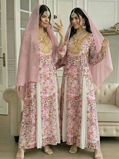 SHEIN رمضان فستان بطبعة إثنية مع ياقة على شكل V مزينة بالخرز، مقترن مع وشاح شيفون خفيف، أنيق ومريح، مناسب للرمضان، العباءة، الجلابية، الملابس العربية التقليدية