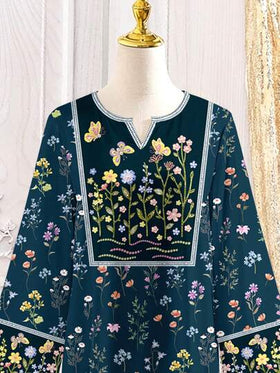 SHEIN فستان جلابية كاجوال بطبعة نباتية عتيقة للفتيات المراهقات، مناسب للربيع/الصيف