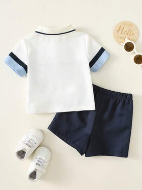 SHEIN مجموعة قميص بولو مخطط وشورت ذو خصر مطاطي للأطفال الصبيان، مناسبة لحفلات عيد الميلاد والحفلات المسائية والأعراس وحفلات استقبال المواليد وعيد الميلاد الأول