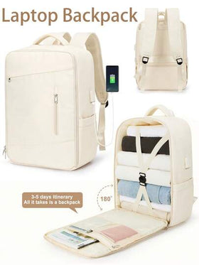 حقيبة ظهر كبيرة السعة 26 لتر مناسبة للجنسين مع منفذ شحن USB، جيوب شبكية متعددة الأقسام بتصميم بسيط، مناسبة للسفر والعمل والدراسة وحقيبة السفر اليدوية، حقيبة ظهر متينة للطلاب الجامعيين، هدية للرجال والنساء