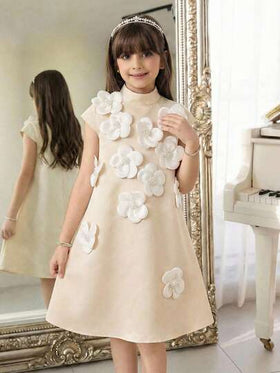 SHEIN فستان قصير بأكمام قصيرة للبنات المراهقات، بتصميم أنيق وألوان سادة، مزين بزهور ثلاثية الأبعاد، مناسب للارتداء اليومي والعودة إلى المدرسة