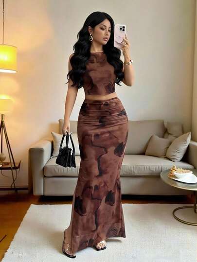 Rafferiza فستان نسائي أنيق بتصميم تعتيق متدرج من الشبك بدون أكمام ضيق مناسب للجسم مع شق، طقم من قطعتين