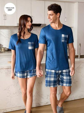 SHEIN بلوزة مربعات زرقاء وبيضاء مع جيوب وشورت، بيجاما كاجوال للرجال