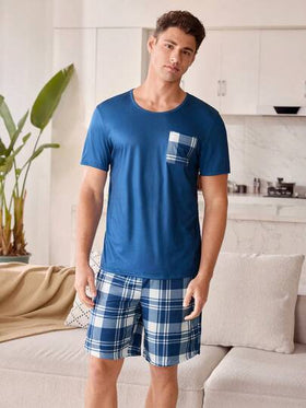 SHEIN بلوزة مربعات زرقاء وبيضاء مع جيوب وشورت، بيجاما كاجوال للرجال