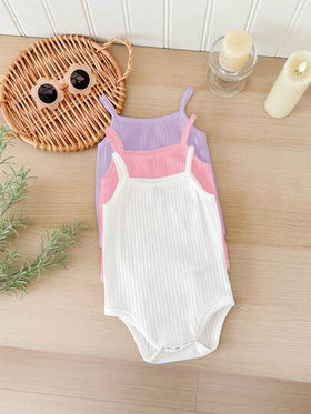 SHEIN LMoss Kids مجموعة 3 قطع من الرومبير المحبوك الأبيض للأطفال الرضع البنات للصيف