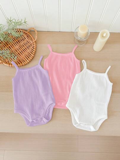 SHEIN LMoss Kids مجموعة 3 قطع من الرومبير المحبوك الأبيض للأطفال الرضع البنات للصيف