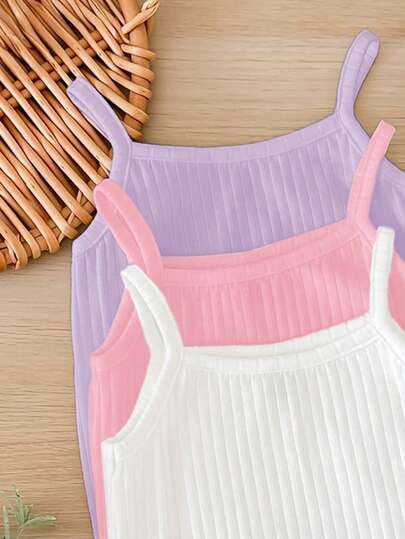SHEIN LMoss Kids مجموعة 3 قطع من الرومبير المحبوك الأبيض للأطفال الرضع البنات للصيف