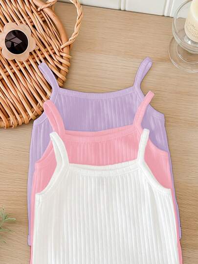 SHEIN LMoss Kids مجموعة 3 قطع من الرومبير المحبوك الأبيض للأطفال الرضع البنات للصيف