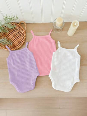 SHEIN LMoss Kids مجموعة 3 قطع من الرومبير المحبوك الأبيض للأطفال الرضع البنات للصيف