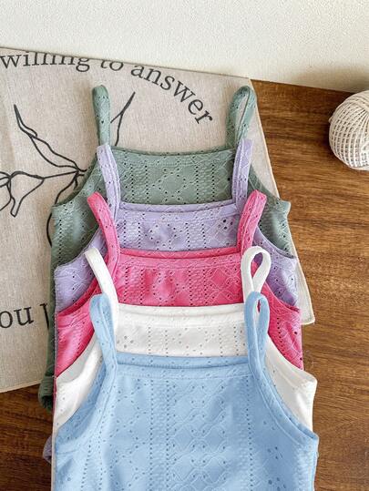 SHEIN LMoss Kids 5 قطع/مجموعة رومبير رضيع بنات صغيرة مصنوعة من الأصواف ذات لون واحد بدون أكمام، للصيف