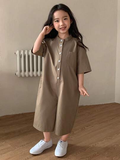 Dazy Kids جمبسوت قصيرة كاجوال بأكمام قصيرة ذات لون أحادي للفتيات الصغيرات