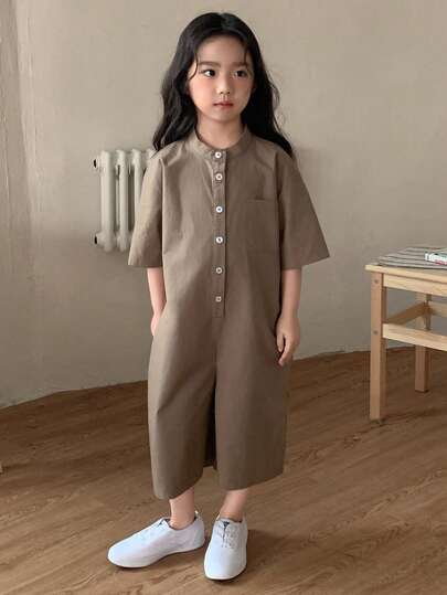 Dazy Kids جمبسوت قصيرة كاجوال بأكمام قصيرة ذات لون أحادي للفتيات الصغيرات