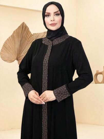 رمضان عباءة طويلة محتشمة للنساء من ماركة GDfashion Najma باللون الأسود، مع تفاصيل حواف وأساور متباينة، فستان إسلامي كاجوال بأكمام طويلة