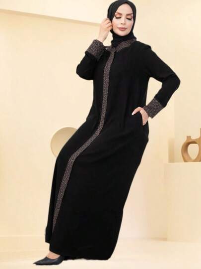 رمضان عباءة طويلة محتشمة للنساء من ماركة GDfashion Najma باللون الأسود، مع تفاصيل حواف وأساور متباينة، فستان إسلامي كاجوال بأكمام طويلة