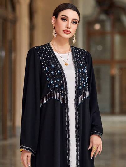 Layrah كارديجان عباية عربي بنمط حبات الأرز العشوائية ذات الشراريب السوداء الثلجية