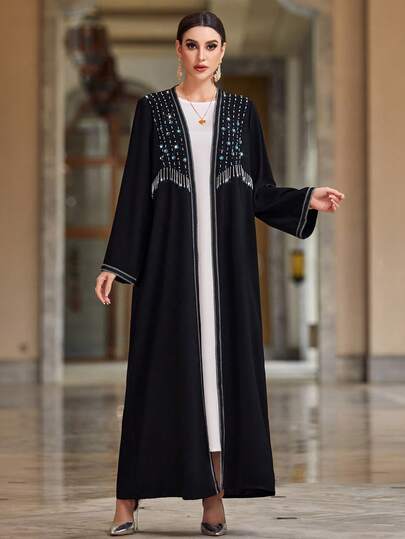 Layrah كارديجان عباية عربي بنمط حبات الأرز العشوائية ذات الشراريب السوداء الثلجية