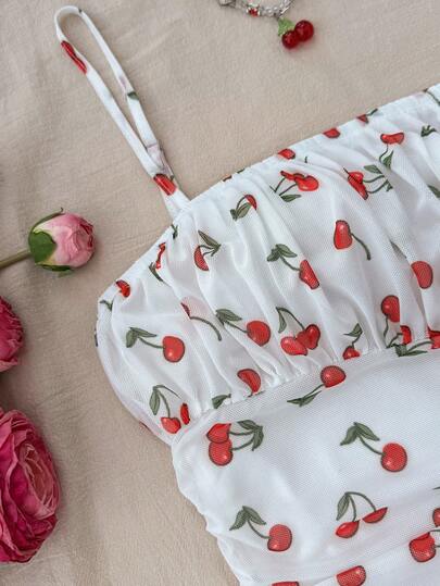 SHEIN فستان كاجوال بحمالات للمراهقات مطبوع بنقشة الكرز