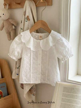 Cozy Pixies كارديجان بناتي بياقة مكشكشة وأكمام قصيرة، لون أحادي، مريح وفضفاض، مطرز بزخارف زهرية ثلاثية الأبعاد، باللون الكريمي، مناسب للزفاف وفتاة الزهور وحفلات عيد الميلاد