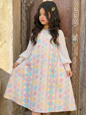 SHEIN فستان بأكمام منتفخة وقصة A-line بطبعة هندسية فضفاض للفتاة الصغيرة، فستان طويل بطراز العطلات
