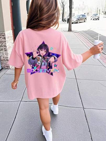 ملابس علوية بناتية مطبوع عليها شعار "POP Girl 67" بتصميم عصري وبسيط، مناسبة كقميص صيفي للفتيات المراهقات