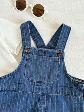 SHEIN مجموعة قميص تي شيرت مطبوع بأشجار جوز الهند وبنطلون جينز أزرق مخطط للأطفال الصغار/الجنسين، شورت جينز مناسبة للصيف والعطلات 2 قطعة
