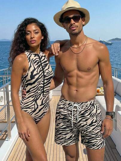 Manfinity Swimmode شورت كاجوال مريح للرجال بخصر رباط مطبوع بنمط الزيبرا، مناسب للشاطئ والصيف