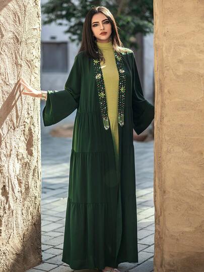 Layrah عباءات نسائية أنيقة بنمط معين داكن الأخضر بأكمام طويلة