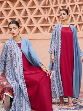 SHEIN Najma رمضان عباية نسائية بأكمام طويلة وأكمام متسعة مطبوعة بتصميم رقعي مع إغلاق بخطاف