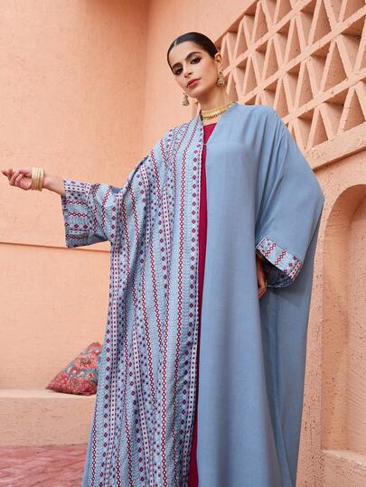 SHEIN Najma رمضان عباية نسائية بأكمام طويلة وأكمام متسعة مطبوعة بتصميم رقعي مع إغلاق بخطاف