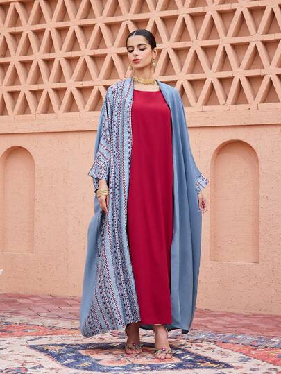 SHEIN Najma رمضان عباية نسائية بأكمام طويلة وأكمام متسعة مطبوعة بتصميم رقعي مع إغلاق بخطاف