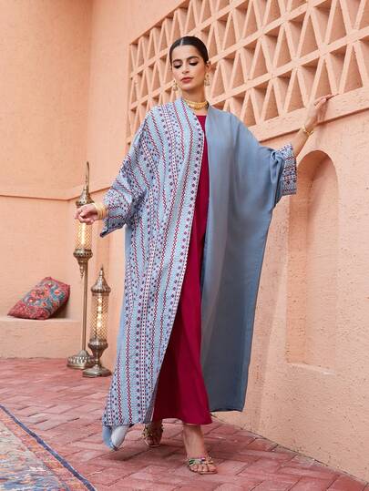 SHEIN Najma رمضان عباية نسائية بأكمام طويلة وأكمام متسعة مطبوعة بتصميم رقعي مع إغلاق بخطاف