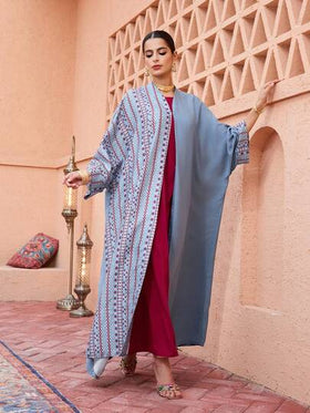 SHEIN Najma رمضان عباية نسائية بأكمام طويلة وأكمام متسعة مطبوعة بتصميم رقعي مع إغلاق بخطاف